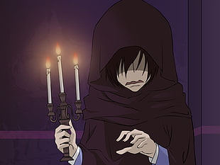 boy wearing black robe holding candelabra anime character